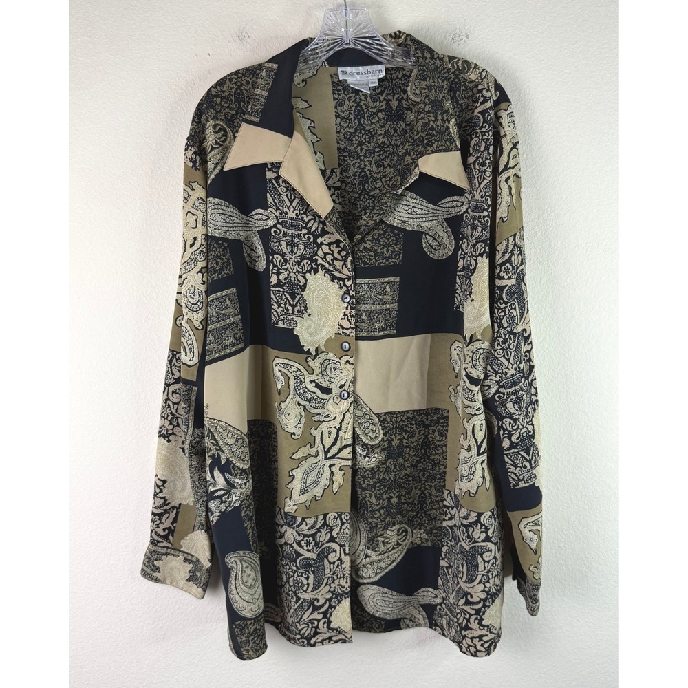 Dressbarn Shirt Womens 3X Black Tan Paisley Patchwork Button Down Long Sleeve